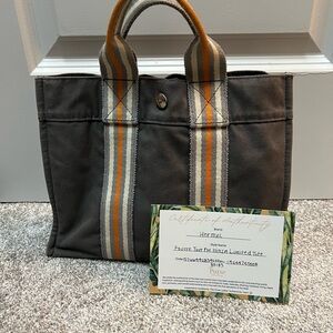 Hermes Gray Canvas Tote with Striped Handles